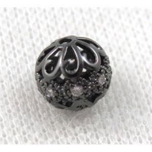 round copper bead paved zircon, black plated, hollow, approx 8mm dia