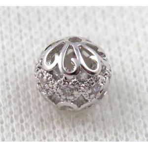 round copper bead paved zircon, hollow, platinum plated, approx 12mm dia