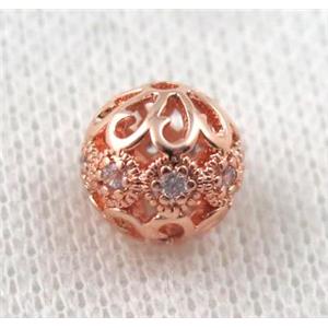 round copper bead paved zircon, hollow, rose gold, approx 12mm dia