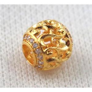 round copper beads paved zircon, hollow, gold plated, approx 10x10mm, 5mm hole