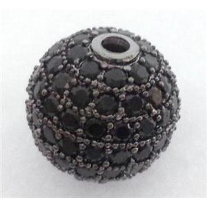 paved zircon copper bead, round, black plated, approx 10mm dia, 2mm dia