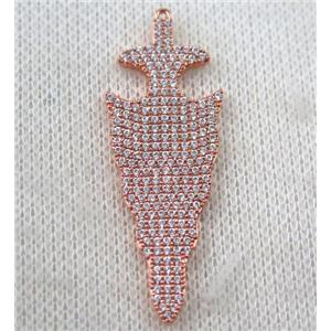 copper arrowhead pendant paved zircon, rose gold, approx 16x47mm