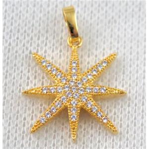 copper north star pendant paved zircon, gold plated, approx 22mm dia