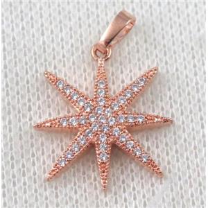 copper north star pendant paved zircon, rose gold plated, approx 22mm dia
