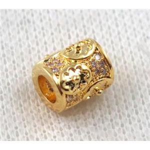 copper tube bead paved zircon, gold plated, approx 8x10mm, 4mm hole