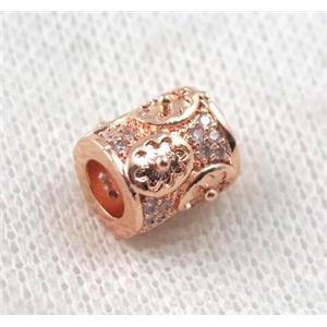 copper tube bead paved zircon, rose gold plated, approx 8x10mm, 4mm hole