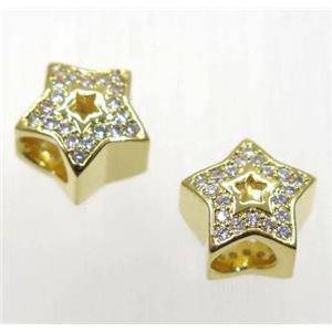 European style copper star bead paved zircon, gold plated, approx 10mm, 5mm hole