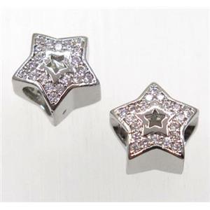 copper star bead paved zircon, platinum plated, approx 10mm, 5mm hole