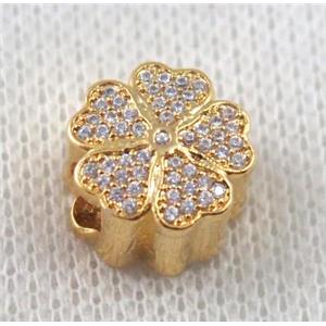 European copper flower bead paved zircon, gold plated, approx 12mm dia, 5mm hole