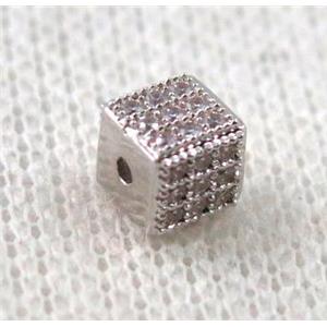 copper cube bead paved zircon, platinum plated, approx 5x5x5mm