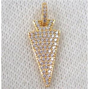 copper arrowhead pendant paved zircon, gold plated, approx 10x30mm