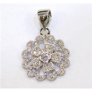 paved zircon copper pendant, platinum plated, approx 12-18mm