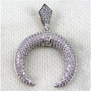 copper crescent moon pendant paved zircon, platinum plated, approx 30mm