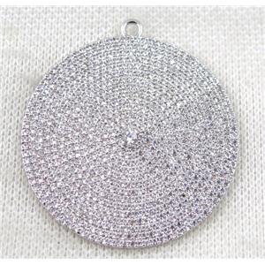 copper circle pendant paved zircon, platinum plated, approx 42mm dia