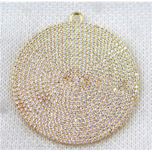 copper circle pendant paved zircon, gold plated, approx 42mm dia