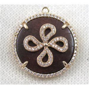 copper clover pendant paved zircon, wood, rose gold, approx 30mm dia