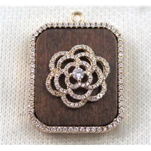 copper flower pendant paved zircon, wood, rose gold, approx 29x34mm