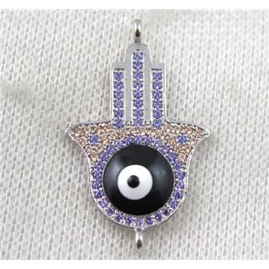 copper hamsahand connector paved zircon with evil eye, platinum plated, approx 22-35mm