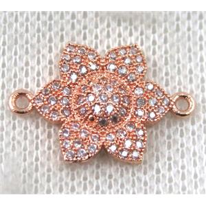 copper flower connector paved zircon, rose gold, approx 16mm dia