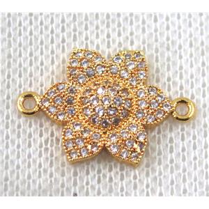 copper roseflower connector paved zircon, gold plated, approx 16mm dia
