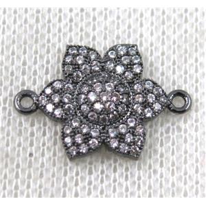 copper flower connector paved zircon, black plated, approx 16mm dia