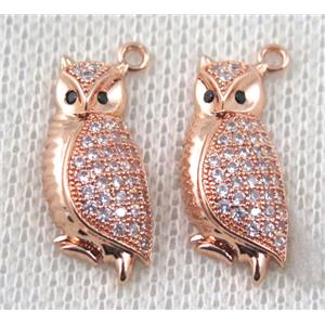 copper owl pendant paved zircon, rose gold, approx 10-21mm