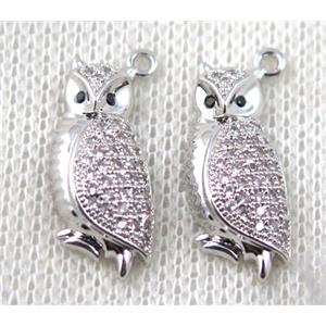 copper owl pendant paved zircon, platinum plated, approx 10-21mm
