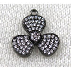 copper pendant paved zircon, three leaf clover, black plated, approx 17mm dia