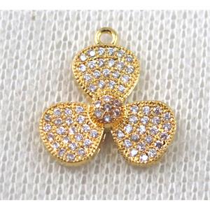 copper pendant paved zircon, three leaf clover, gold plated, approx 17mm dia