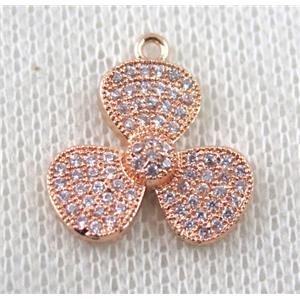 copper pendant paved zircon, three leaf clover, rose gold plated, approx 17mm dia