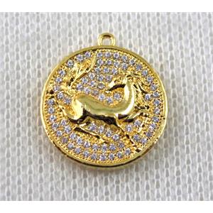 copper Zodiac Horse pendant paved zircon, gold plated, approx 16mm dia