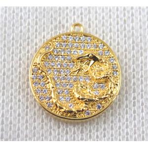 copper Zodiac Snake pendant paved zircon, gold plated, approx 16mm dia
