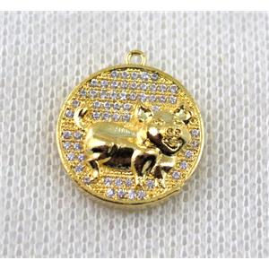 copper Zodiac Boar pendant paved zircon, gold plated, approx 16mm dia