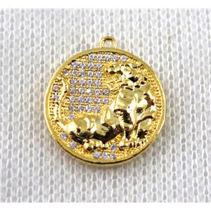 copper Zodiac Dog pendant paved zircon, gold plated, approx 16mm dia