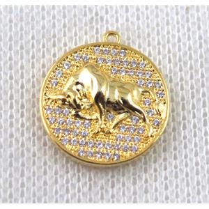 copper Zodiac Ox pendant paved zircon, gold plated, approx 16mm dia
