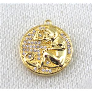 copper Zodiac Monkey pendant paved zircon, gold plated, approx 16mm dia