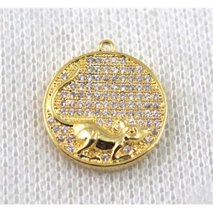 copper Zodiac Rat pendant paved zircon, gold plated, approx 16mm dia