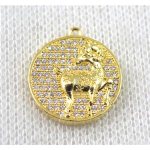 copper Zodiac Sheep pendant paved zircon, gold plated, approx 16mm dia
