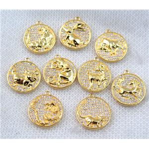 Chinese Zodiac pendant paved zircon, copper, gold plated, approx 16mm dia