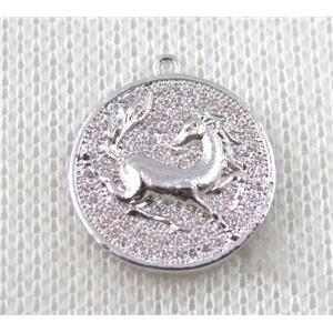 copper Zodiac Horse pendant paved zircon, platinum plated, approx 16mm dia