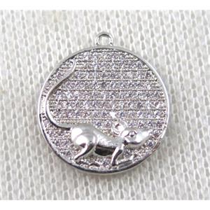 copper Zodiac Rat pendant paved zircon, platinum plated, approx 16mm dia