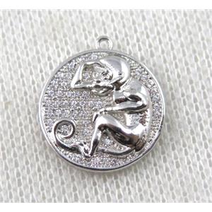 copper Zodiac Monkey pendant paved zircon, platinum plated, approx 16mm dia
