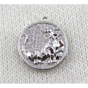 copper Zodiac Dog pendant paved zircon, platinum plated, approx 16mm dia