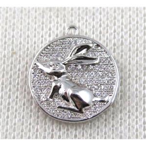 copper Zodiac Hare pendant paved zircon, platinum plated, approx 16mm dia