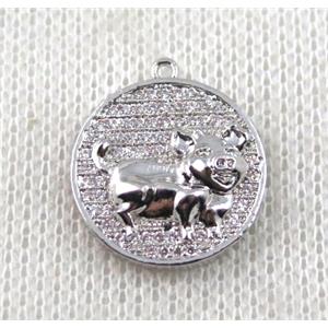 copper Zodiac Boar pendant paved zircon, platinum plated, approx 16mm dia