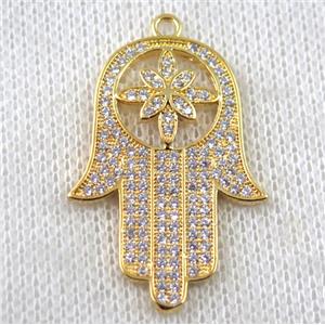 copper hamsahand pendant paved zircon, gold plated, approx 22-35mm