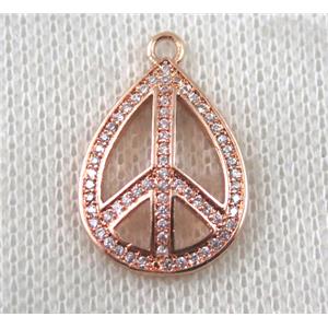 copper pendant paved zircon, peach sign, rose gold, approx 15-22mm