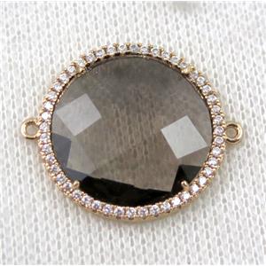 smoky Chinese Crystal Glass connector pave zircon, circle, gold plated, approx 23mm dia