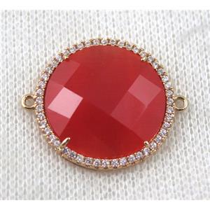 red Chinese Crystal Glass connector pave zircon, circle, gold plated, approx 23mm dia