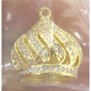 paved zircon copper pendant, crown, gold plated, approx 17x16mm
